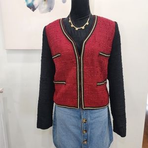 [ MNG] suit blazer top- STUNNING RED BOUCLE TWEED- BLAZER JACKET W/ CHAIN DETAIL
